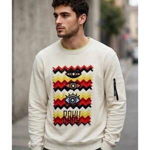 ROKU STUDIO Graphic Print Sweatshirt Beige Eye Design Mens Medium Casual